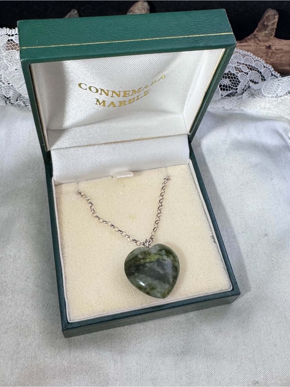 Vintage Connemara Green Heart Stone Pendant Necklace on sterling silver chain.